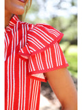 Striped Ruffle Sleeve Split Neck Top