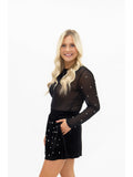 Pearl Embellished Sheer Mesh Long Sleeve Top