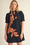 Statement Floral Appliqué Puff Sleeve Dress - Black