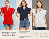 Scallop Trim Ruffle Shoulder Blouse