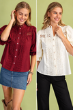 Scalloped Lace Puff Sleeve Button-Up Blouse
