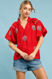 Floral Embroidered Balloon Sleeve Blouse