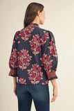 Floral Print Ruffle-Trim Smocked Cuff Blouse- Navy