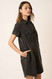 Acid Wash Half Button-Up Shirt Dress- Black