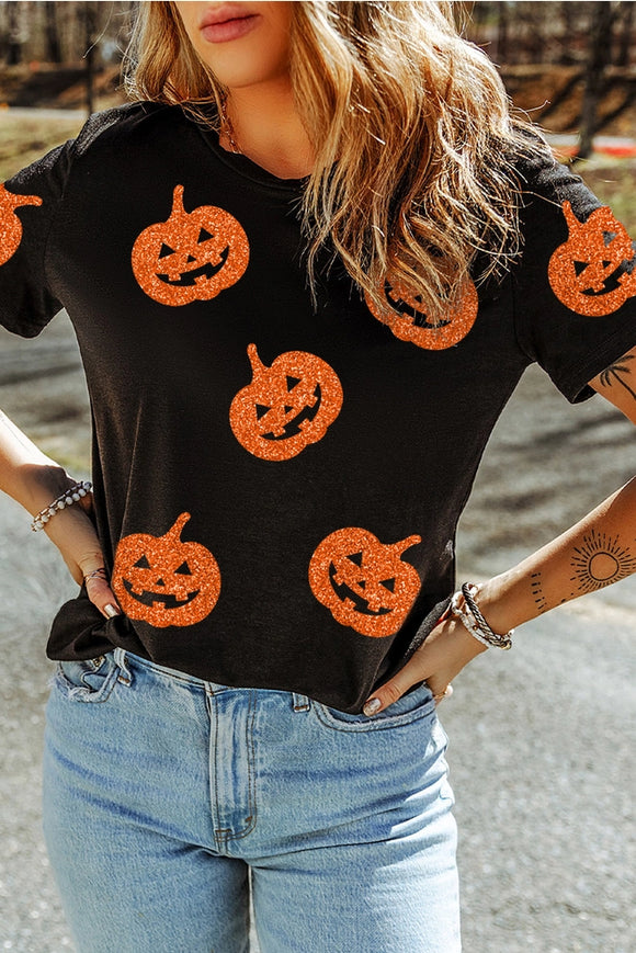 Orange Glitter Pumpkin Graphic Tee - Black