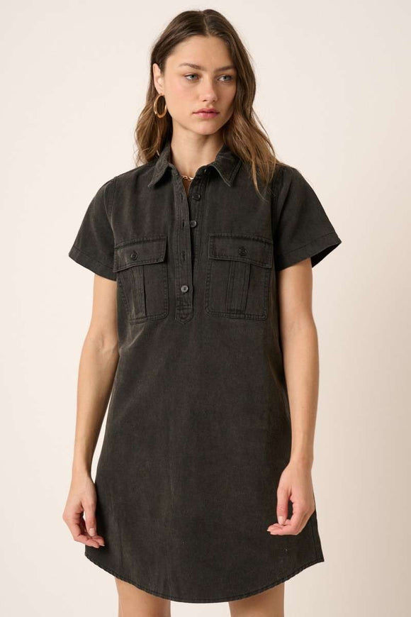 Acid Wash Half Button-Up Shirt Dress- Black