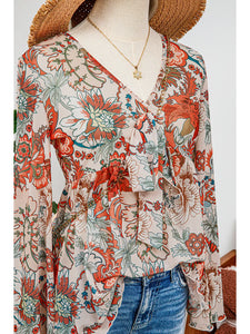 Boho Deep V Neck Knot Bell Sleeve Blouse - Floral Taupe