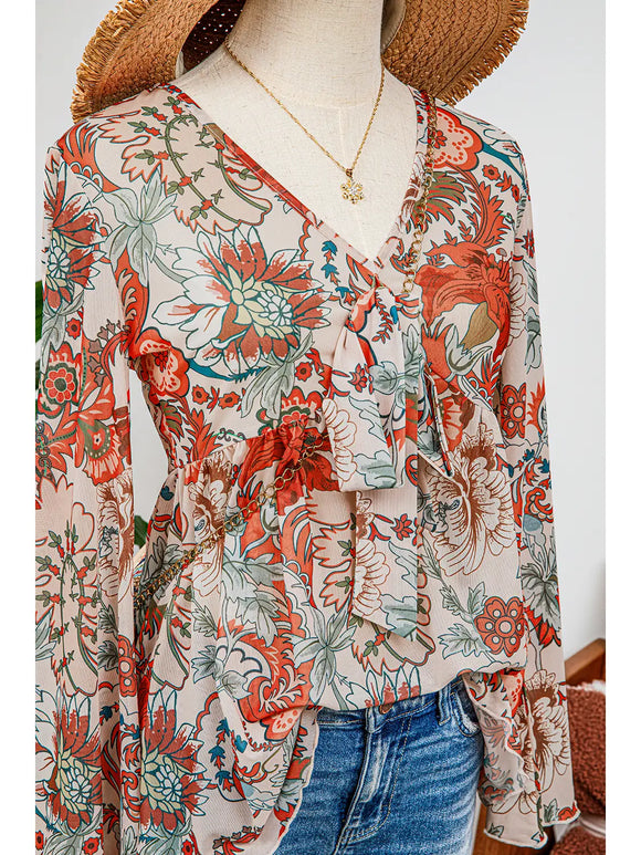 Boho Deep V Neck Knot Bell Sleeve Blouse - Floral Taupe