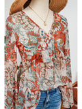 Boho Deep V Neck Knot Bell Sleeve Blouse - Floral Taupe