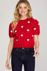 Puff Sleeve Heart Pattern Cropped Sweater