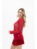 Pearl Embellished Sheer Mesh Long Sleeve Top