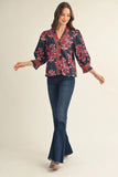Floral Print Ruffle-Trim Smocked Cuff Blouse- Navy