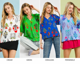 Floral Encyclopedia V-Neck Ruffle Blouse