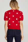 Puff Sleeve Heart Pattern Cropped Sweater