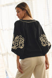 Anniston Ivory Scroll 3/4 Sleeve Blouse – Black