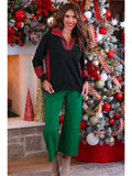 Holiday Plaid Trim Quarter Zip Pullover- Black