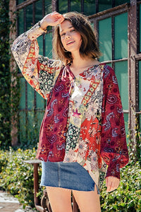 Contrast Floral Print Faux Buttton Top - Marsala