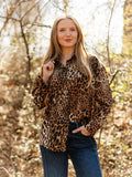 Leopard Print Collared Button Front Long Sleeve Blouse- Leopard