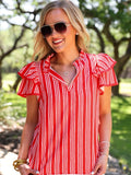 Striped Ruffle Sleeve Split Neck Top