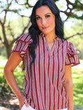 Striped Ruffle Sleeve Split Neck Top- Maroon