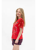 Holiday Cocktail Sequin Puff Sleeve Top- Red