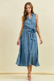 Tencil Button-Front Tie Waist Midi Dress w/Ruffle