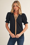 Contrast Trim Smocked Puff Sleeve Top- Black