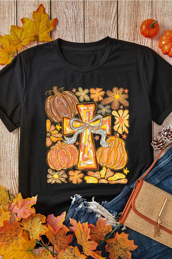 Fall Pumpkin & Cross Graphic Tee - Black
