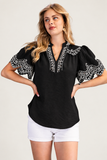 Scalloped Embroidered Flutter Sleeve Blouse- Black