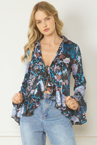Front Tie Paisley Ruffle Top - Black/Blue