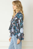 Front Tie Paisley Ruffle Top - Black/Blue