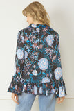 Front Tie Paisley Ruffle Top - Black/Blue