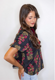 Corinne Muted Boho Bouquet Cuffed Blouse - Navy