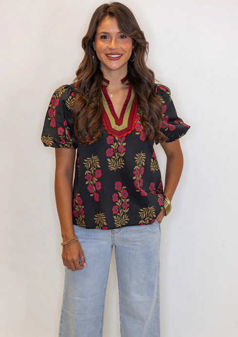 Corinne Muted Boho Bouquet Cuffed Blouse - Navy