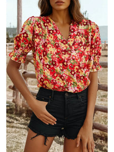 Floral Bubble Sleeve Pleated Wrap Blouse - Red/Flaxen