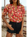 Floral Bubble Sleeve Pleated Wrap Blouse - Red/Flaxen