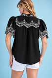 Scalloped Embroidered Flutter Sleeve Blouse- Black