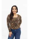 Leopard Print Square Neck Long Sleeve Top- Leopard