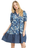 Countryside Denim Floral Tiered Mini Dress - Blue