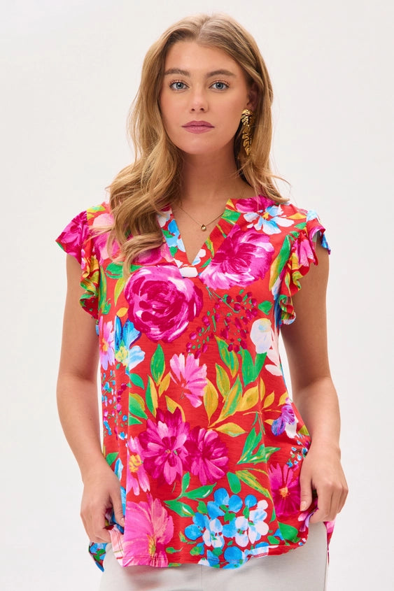 Lizzy Fluttler Sleeve Floral Tank - Red