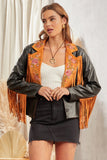 Saddle Rose Embroidered Fringe Moto Jacket