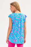 Mandarin Collar Paisley Flutter Cap Sleeve Top - Baby Blue