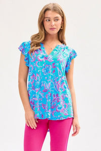 Mandarin Collar Paisley Flutter Cap Sleeve Top - Baby Blue