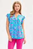 Mandarin Collar Paisley Flutter Cap Sleeve Top - Baby Blue
