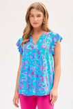 Mandarin Collar Paisley Flutter Cap Sleeve Top - Baby Blue