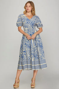 Pocketed Border Print Midi Dress - Blue