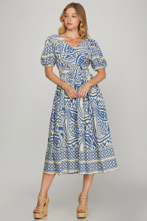 Pocketed Border Print Midi Dress - Blue