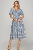 Pocketed Border Print Midi Dress - Blue
