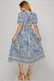Pocketed Border Print Midi Dress - Blue