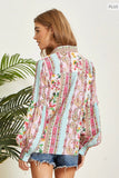 Balloon Sleeve Floral Print Button-Up Blouse - Mint/Pink